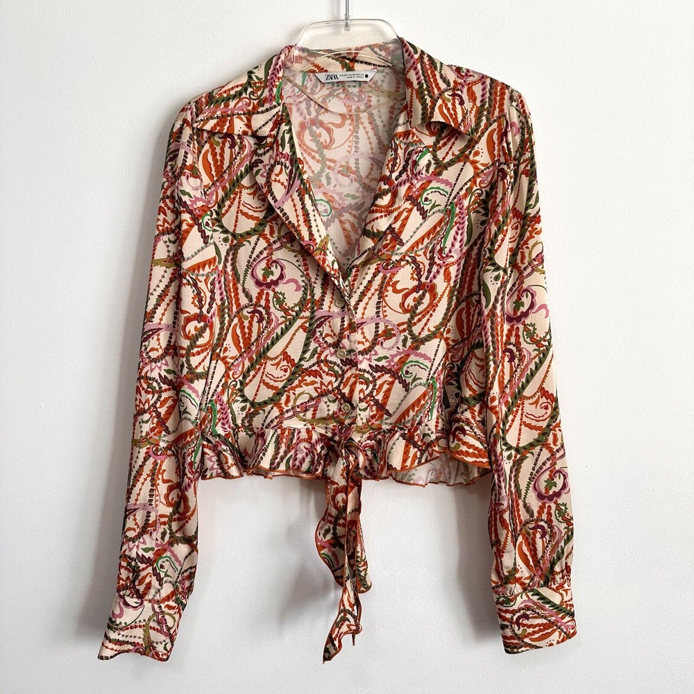 Zara Long Sleeve Tie Waist Crop Top XS Button Front V Neck Blouse Boho Trendy